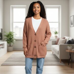 Lulus Chunky Ribbed Knit Button-Down Open Front Cardigan Sweater, Coral, Size XS